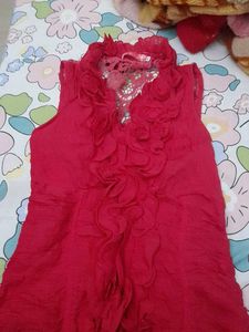 Red Ruffled Neck Sleeveless Top