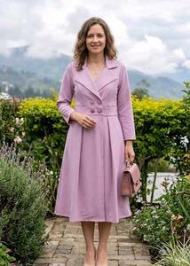 Elegant Lilac Double-Breasted Midi Dress