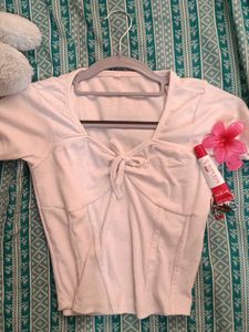 Cute Pink Ribbed Tie-Front Top