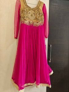 Elegant Pink &amp; Gold Anarkali Gown