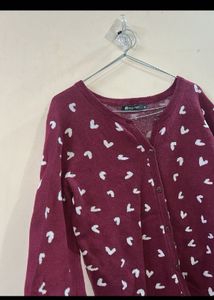 Burgundy Heart Print Cardigan