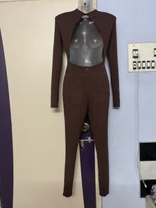 PrettyLittleThings Brown Ribbed Long Sleeve Jumpsu
