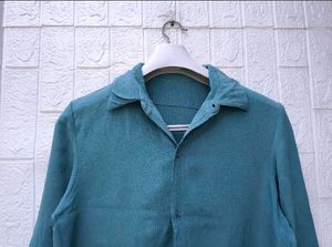 Korean Pintrest Solid Teal Button-Up Shirt
