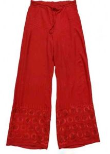 Red Palazzo Pants with Embroidered Hem