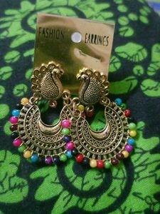 Boho Peacock Jhumka Earrings with Colorful Beads