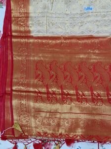 Cream &amp; Red Brocade Saree