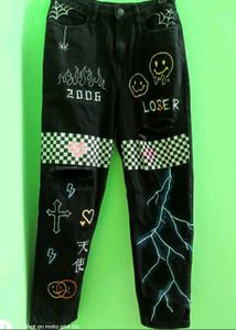 y2k customised printed jeans black charcoal grunge