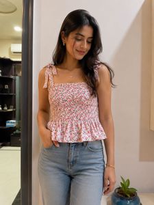 Women’s Pink Floral Smocked Peplum Top
