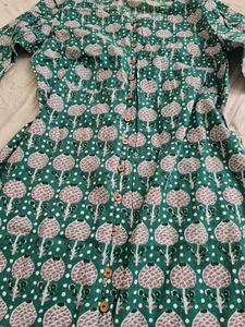 Green Printed Front Button Cotton Kurta