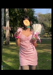 Pink Polka Dot Ruched Mini Dress