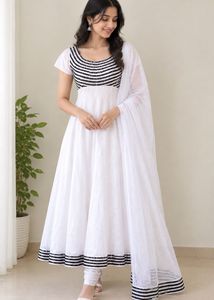 White Net Anarkali with Churi Pants and Duppatta