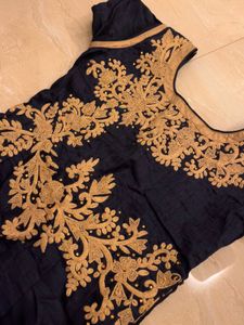 Navy Blue &amp; Gold Embroidered Anarkali Gown | Flare