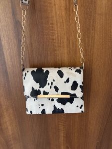 Cow Print Clutch with Gold Chain