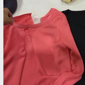 Coral Sheer Blouse with Sparkle Neckline