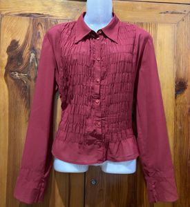 Chic Red Smocked Button-Up Shirt