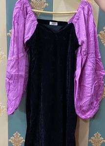 Handmade Velvet Midi with Linen Puffer Full Sleeve