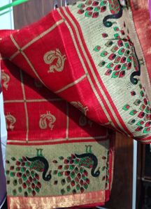 Red Saree with Peacock designing