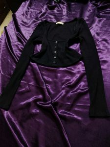Black Ribbed Square Neck Button-Up Top