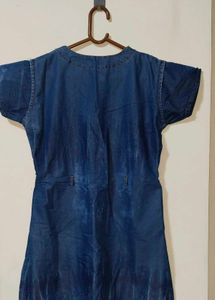 Denim Blue Short Sleeve Top with Sheer Yoke Detail