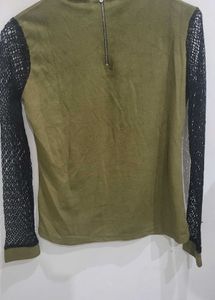 Stylish Olive Green Top with Black Lace Sleeves