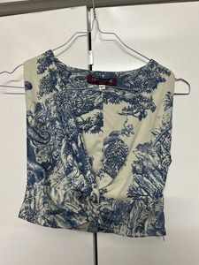 Blue & White Scenic Print Twist Front Top