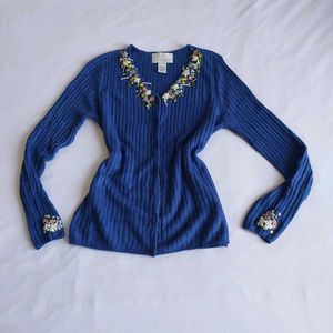 Blue Cardigan with Floral Embroidery&amp; Embel