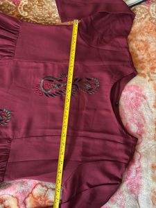 Burgundy High Low Embroidered Kurta/ Dress