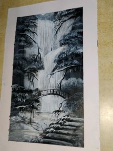 Monochromatic Waterfall Landscape Painting
