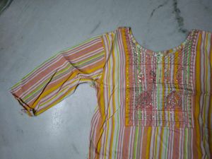 Striped Kurta with Embellished Neckline