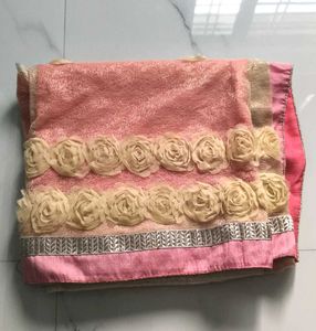 Elegant Pink Saree with Rose Embellishments