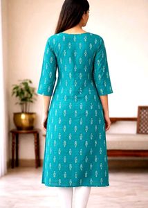 Teal Kurta with Print &amp; Mirror Work