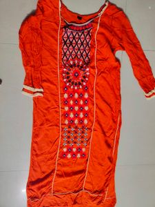 Orange Embroidery And Mirror Work Kurta Women