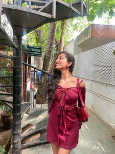 Women's Maroon Long Sleeve Tie-Front Mini Dress