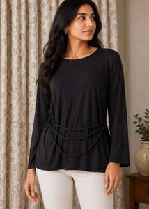 Chic Black Long Sleeve Top with Decorative Tie Det