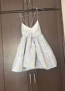 Chic Baby Blue Brocade Mini Dress