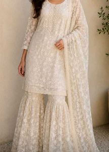 Elegant White Lace Kurta Set with dupatta