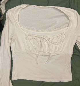 White Long Sleeve Lace Trim Tie-Front Top