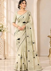 Cream Saree with Black Bird Motifs