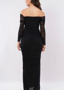 Black Off-Shoulder Ruched Maxi Dress
