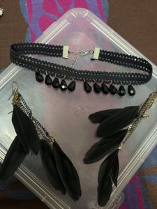 Black Choker and Feather Earrings Set