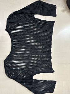 Black Crochet Mesh Long Sleeve Top