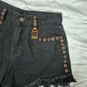 Black Denim Shorts with Bird Cage Charm
