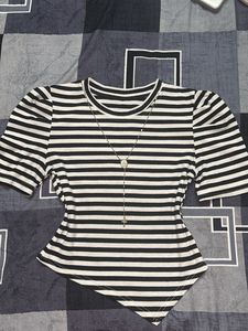 y2k Striped Puff Sleeve Asymetrical Top