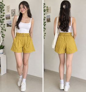 Mustard Yellow High-Waisted Paperbag Shorts