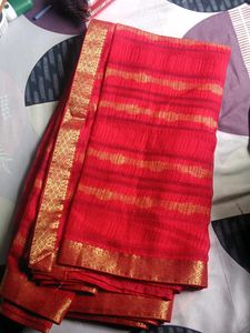 Beautiful Red Chiffon Saree With Gold Boreder