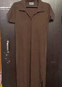 Ribbed Shirt Collar Midi Dress