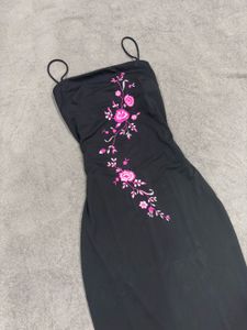 Black Embroidered Spaghetti Strap Dress
