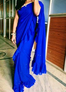 Elegant Royal Blue Ruffle Saree with stitched blou