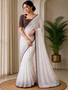Elegant White Embroidered Saree