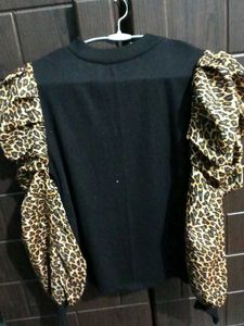 Black Top with Leopard Print Puff Sleeves
